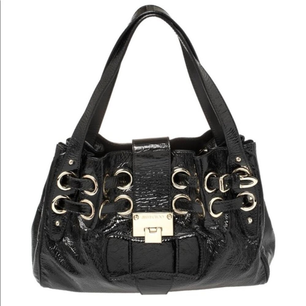 Jimmy Choo Ramona Leather Patent Shoulder Bag Tote Satchel Logo Pockets Black Lg